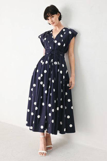 BLUE MOON DOT WOVEN MIDI DRESS Flying Tomato