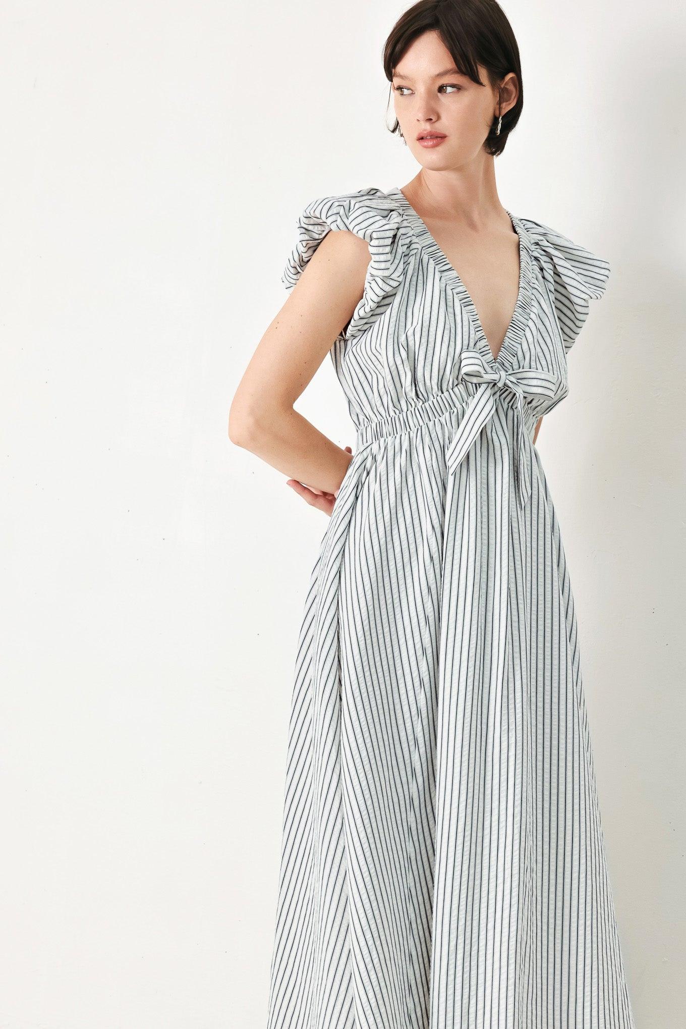 WHISPER STRIPE WOVEN MIDI DRESS Flying Tomato