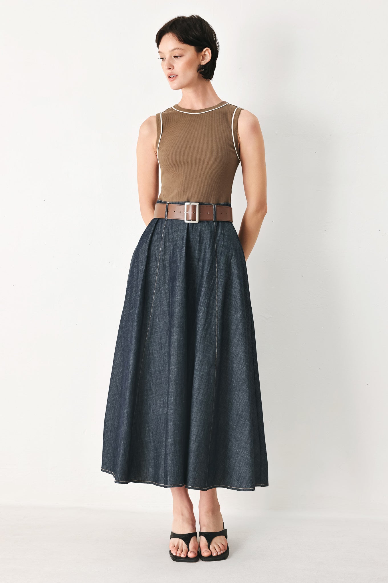 ESPRESSO HOUR DENIM COMBINATION MIDI DRESS Flying Tomato