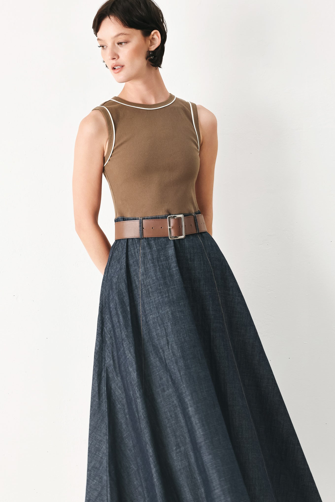 ESPRESSO HOUR DENIM COMBINATION MIDI DRESS Flying Tomato