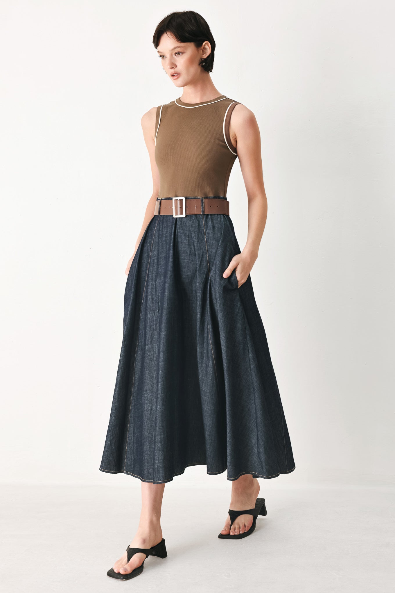 ESPRESSO HOUR DENIM COMBINATION MIDI DRESS Flying Tomato