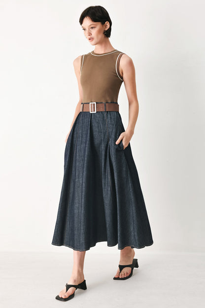 ESPRESSO HOUR DENIM COMBINATION MIDI DRESS Flying Tomato