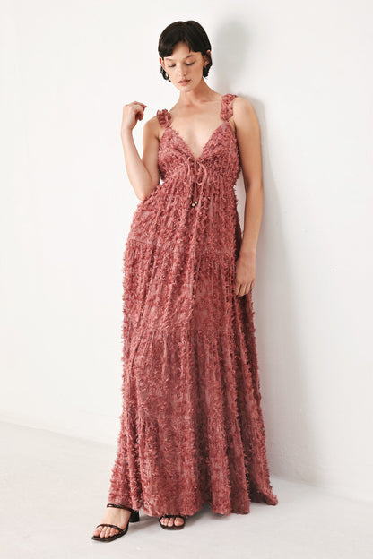 TWILIGHT ROSETTE WOVEN MAXI DRESS Flying Tomato
