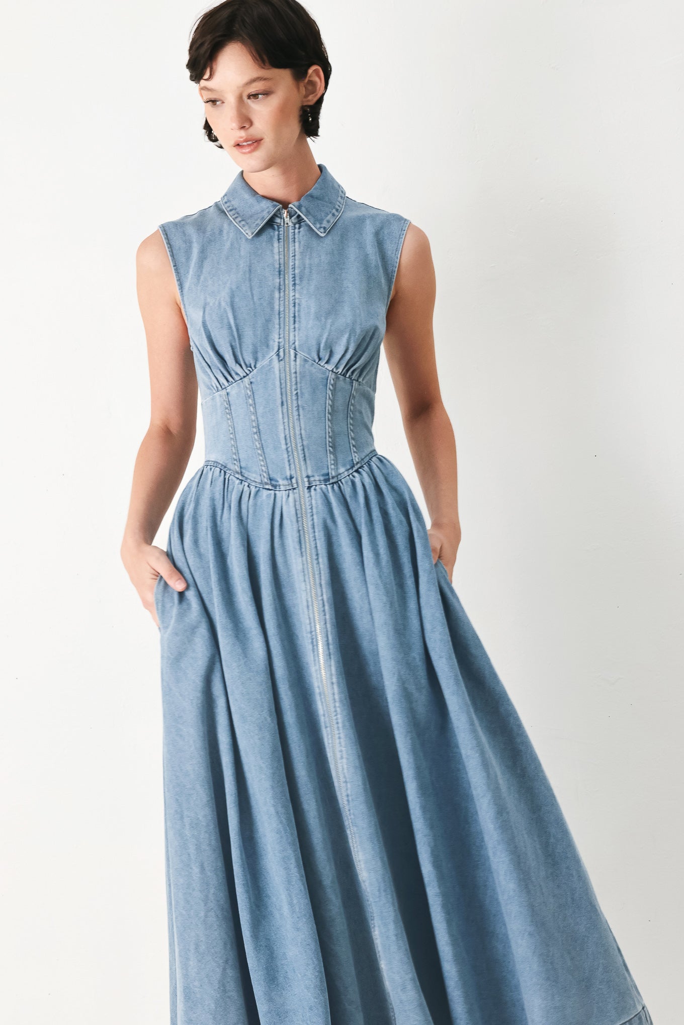 SUNDAY STROLL DENIM MIDI DRESS Flying Tomato