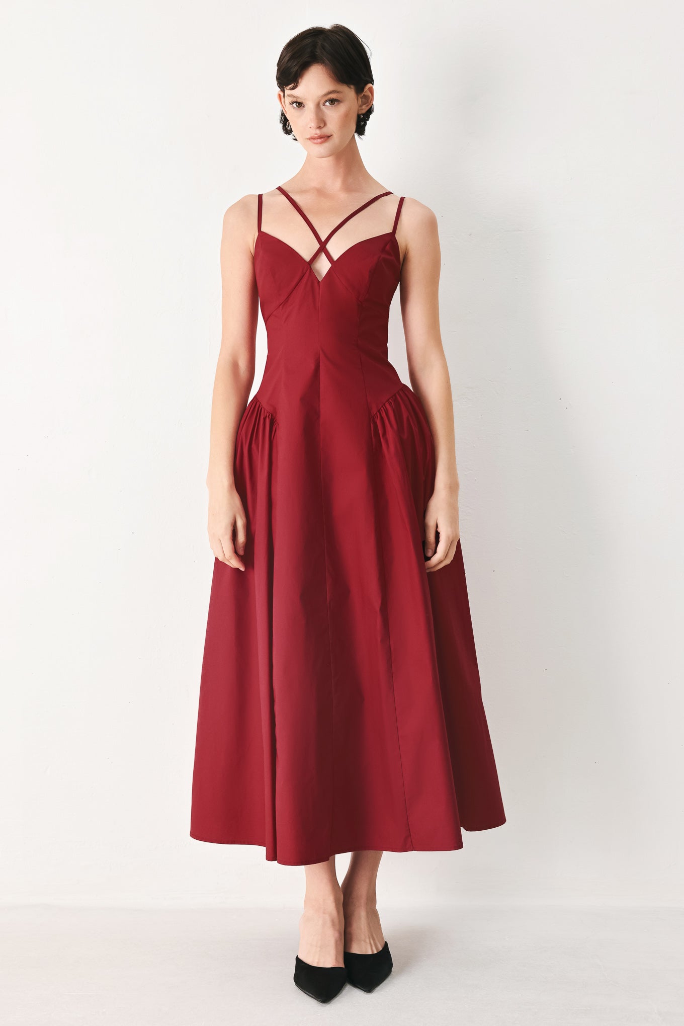 MIDNIGHT MERLOT WOVEN MIDI DRESS Flying Tomato