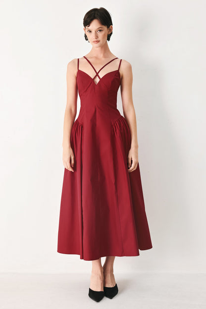 MIDNIGHT MERLOT WOVEN MIDI DRESS Flying Tomato