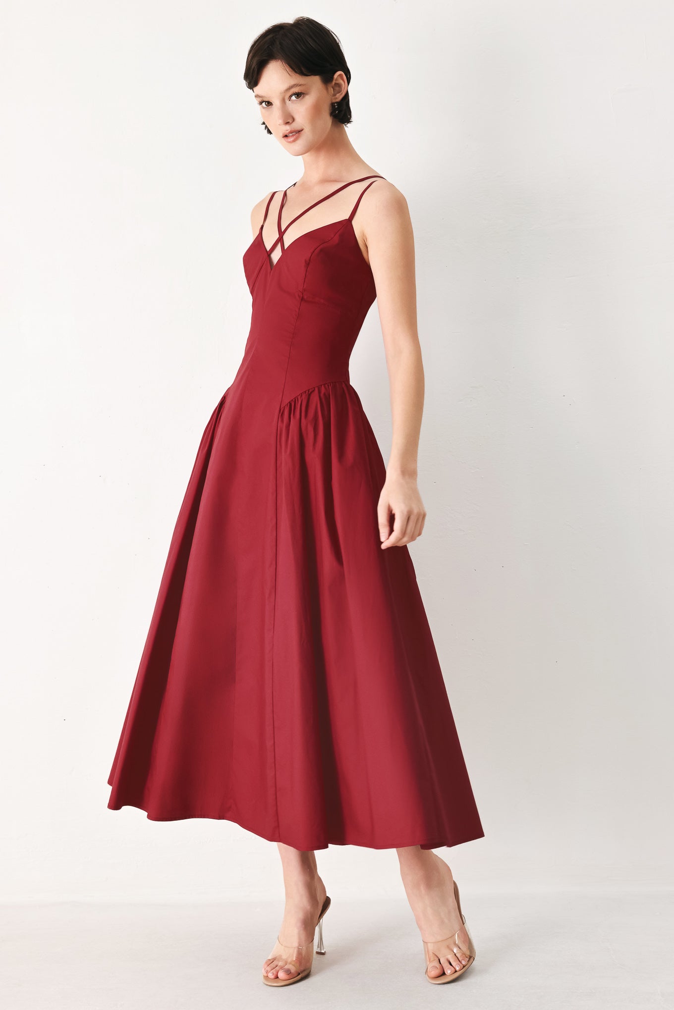 MIDNIGHT MERLOT WOVEN MIDI DRESS Flying Tomato