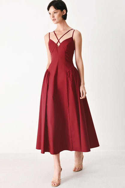 MIDNIGHT MERLOT WOVEN MIDI DRESS Flying Tomato