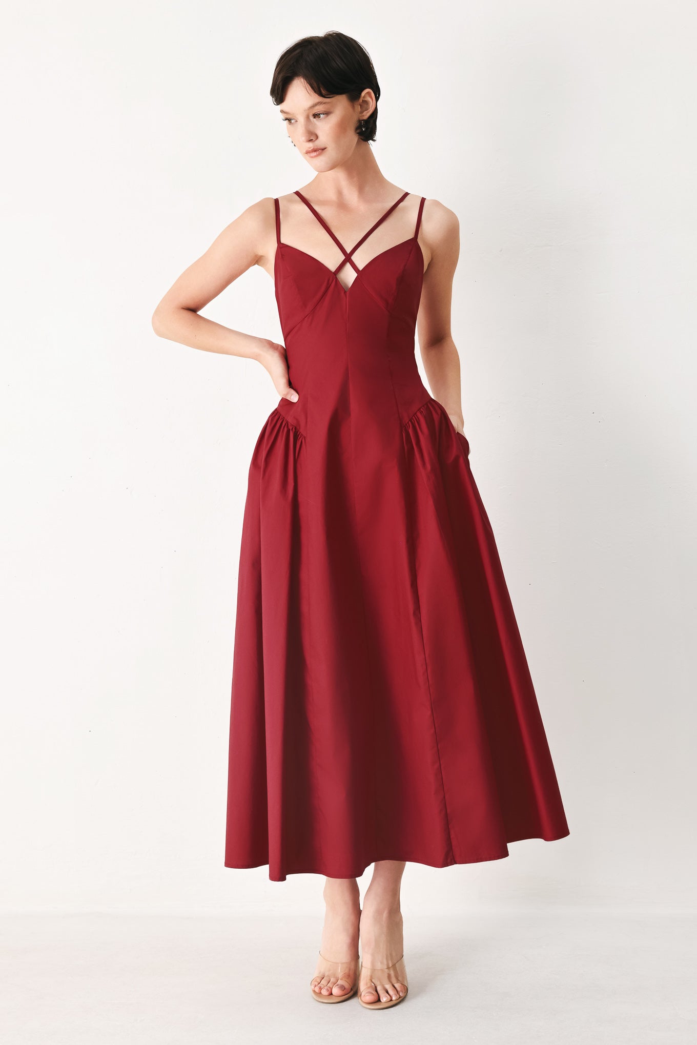 MIDNIGHT MERLOT WOVEN MIDI DRESS Flying Tomato