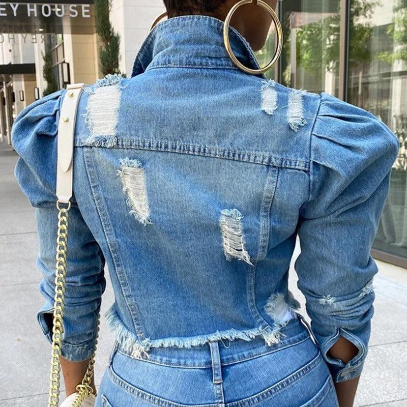 Chic Distressed Denim Puffy Sleeves Jacket – Fashionable Cropped Jean Jacket Country in My Heart