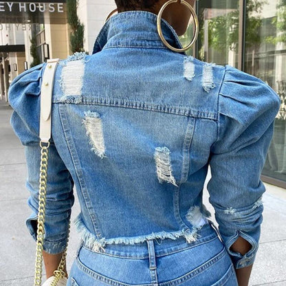 Chic Distressed Denim Puffy Sleeves Jacket – Fashionable Cropped Jean Jacket Country in My Heart