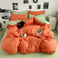 Washed Cotton Solid Color Double Spliced Four-Piece Bedding Set - Sheet, Quilt Cover, Pillowcases for Employee and Dormitory Use