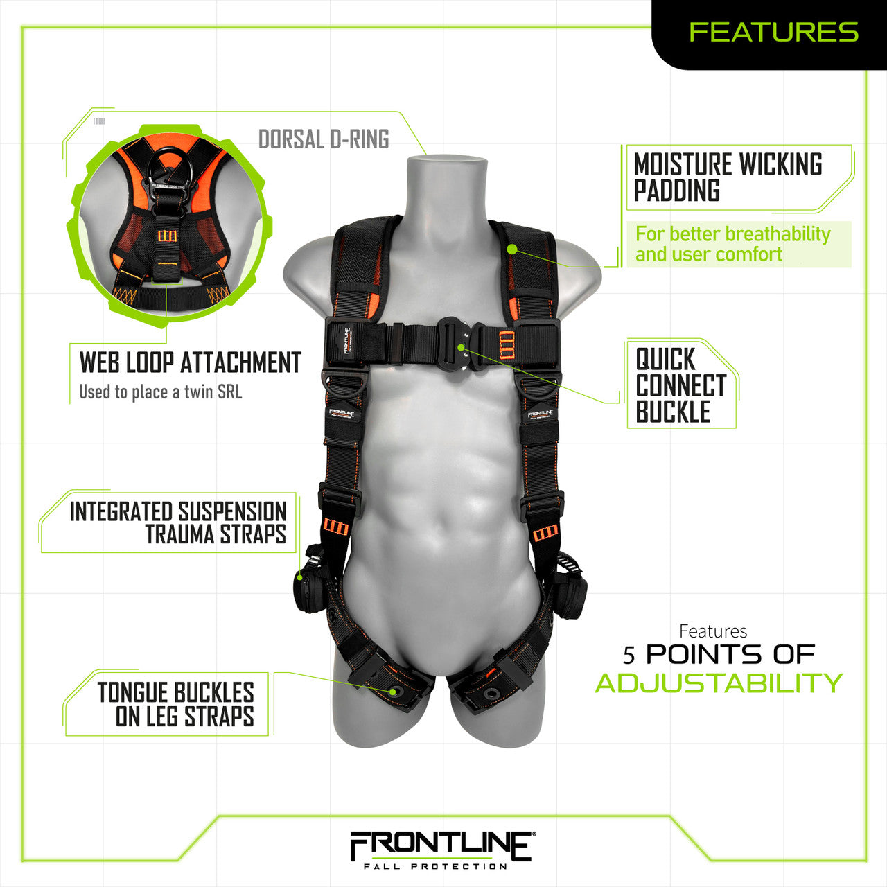 Frontline 110VTB Combat Lite Vest Style Harness with Aluminum Hardware and Suspension Trauma Straps S VM Hardware