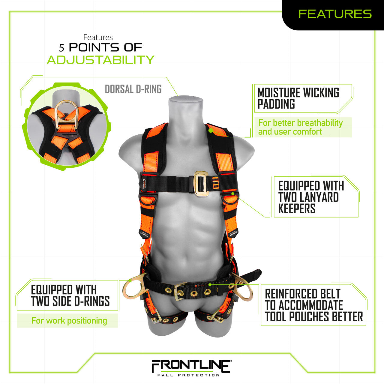 Frontline 50CTB Combat Construction Style Full Body Harness with Tongue Buckle Belt & Legs S VM Hardware