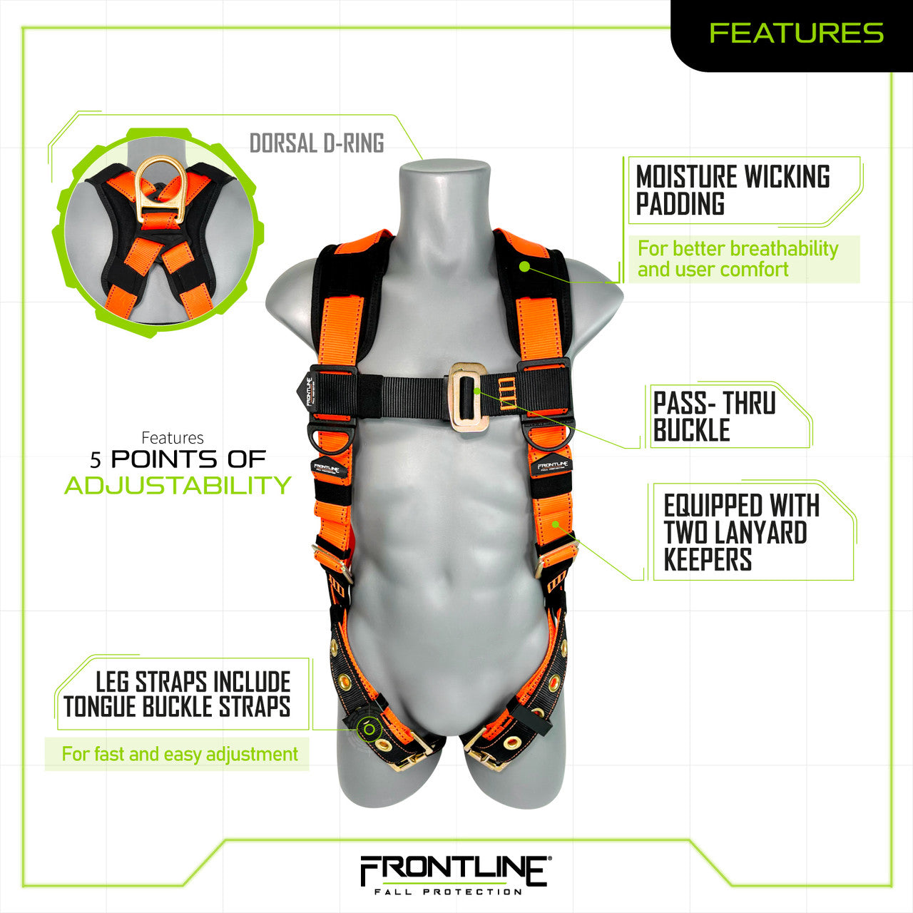 Frontline 50VTB Combat Economy Series Full Body Harness with Tongue Buckle Belt M/L VM Hardware