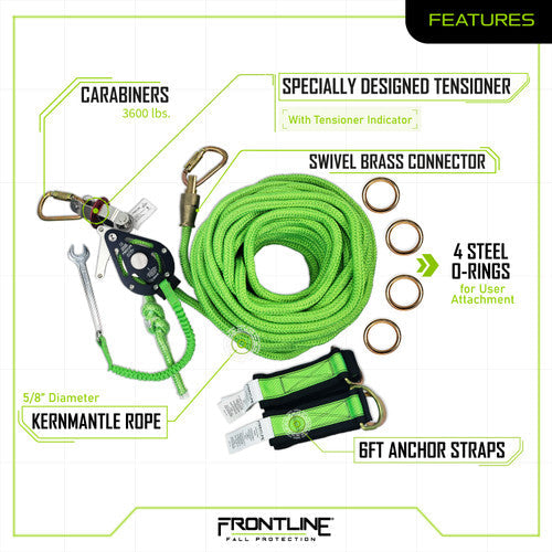Frontline HLK1004 4-person 100' Adjustable Horizontal Lifeline System with 6' Anchor Straps VM Hardware