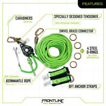 Frontline HLK1004 4-person 100' Adjustable Horizontal Lifeline System with 6' Anchor Straps VM Hardware