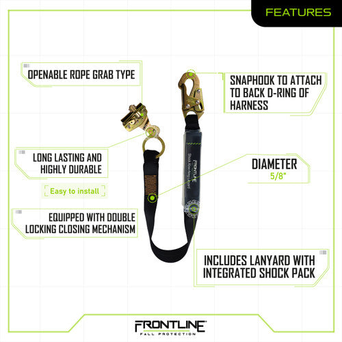 Frontline RGSS58ES Self-tracking Rope Grab 5/8" with 3' Lanyard VM Hardware