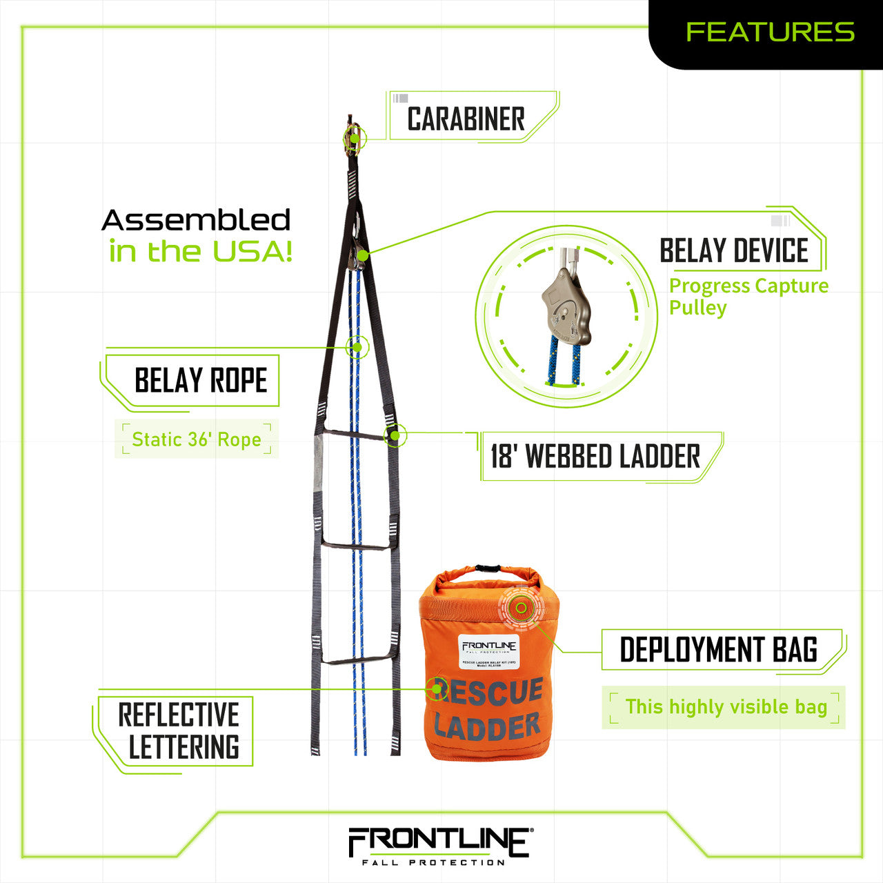 Frontline RLA18B Rescue 18' Ladder Kit with Pulley System VM Hardware