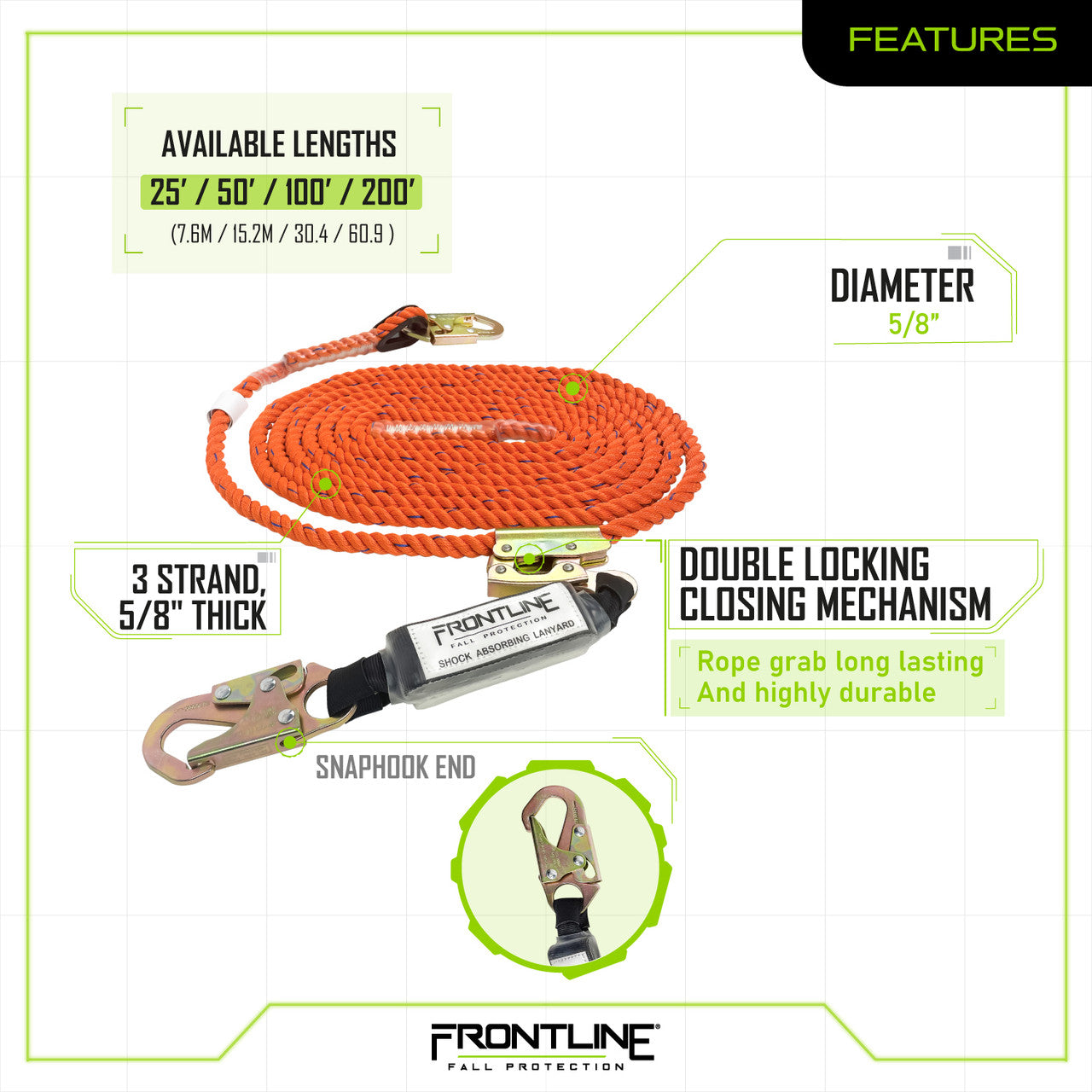 Frontline VLPR3L Premium Vertical Lifeline with Openable Rope Grab and Shock Pack 25' VM Hardware