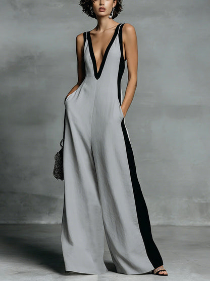 Women's Color-Block Sleeveless V-Neck Wide-Leg Jumpsuit – French Style Long Pants FitiqueFit
