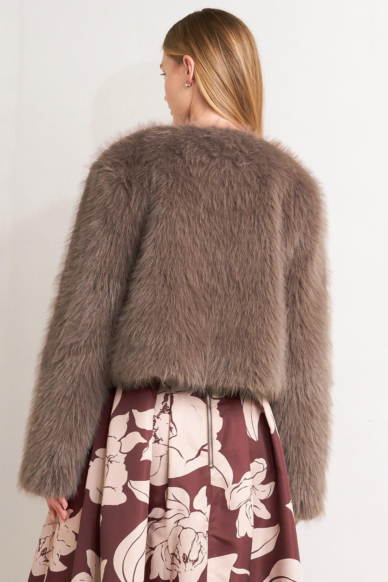 LONDON FLARE MOCHA FAUX FUR CROP JACKET Flying Tomato
