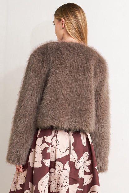 LONDON FLARE MOCHA FAUX FUR CROP JACKET Flying Tomato