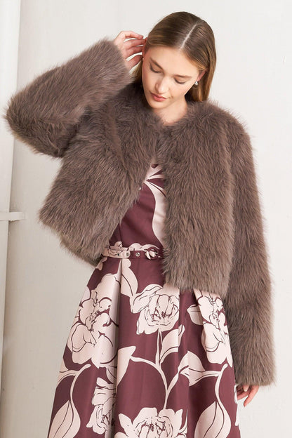 LONDON FLARE MOCHA FAUX FUR CROP JACKET Flying Tomato