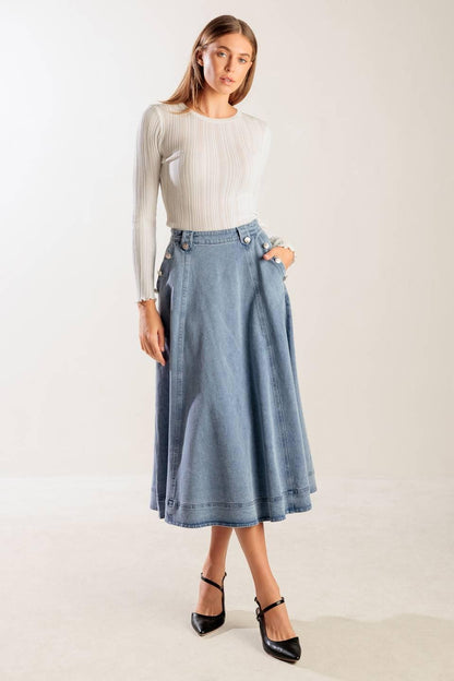 AT FIRST GLANCE DENIM MIDI SKIRT Flying Tomato
