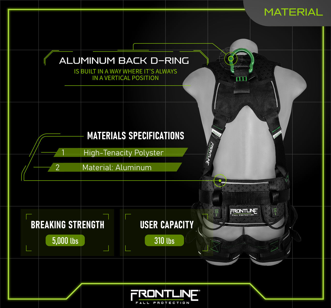 Frontline 250CTB Elite Construction Harness Aluminum Hardware and Suspension Trauma Straps XL/2XL VM Hardware