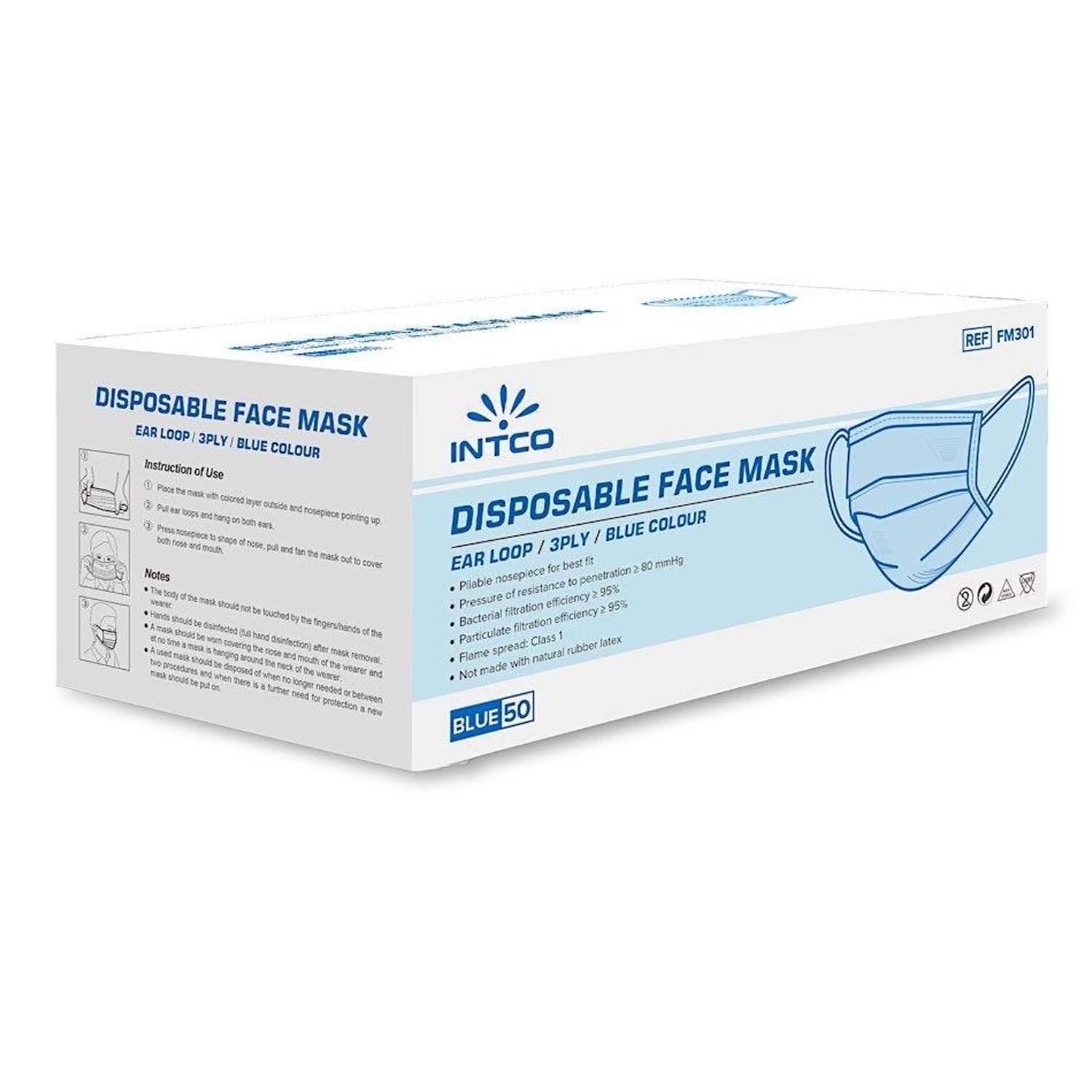 Disposable 3-ply Face Mask with Ear Loop, blue, Box of 50 quakekits.com