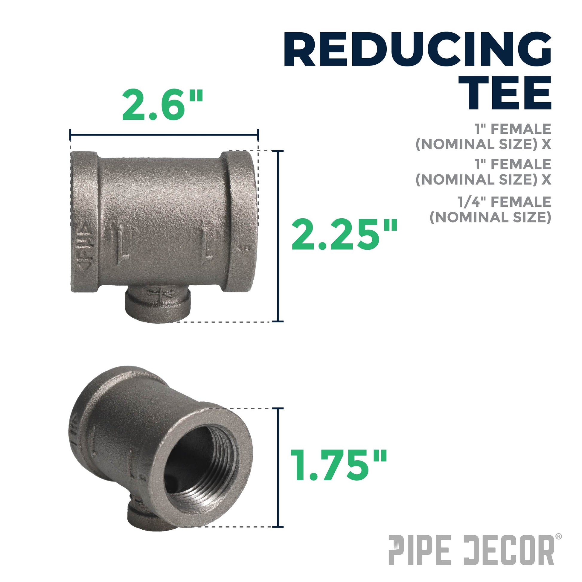 1 in. x 1 in. x 1/4 in. Black Reducing Tee PIPE DECOR