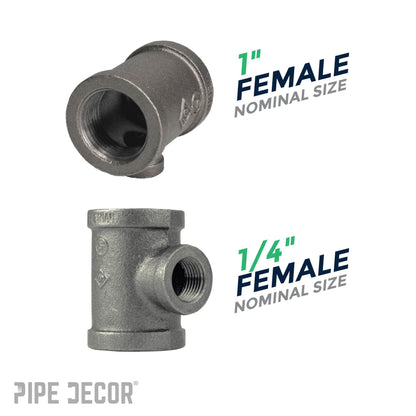 1 in. x 1 in. x 1/4 in. Black Reducing Tee PIPE DECOR
