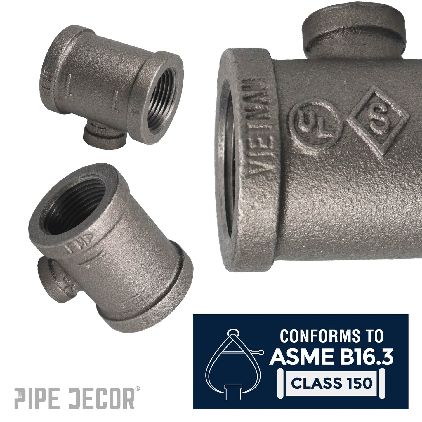 1 in. x 1 in. x 1/4 in. Black Reducing Tee PIPE DECOR