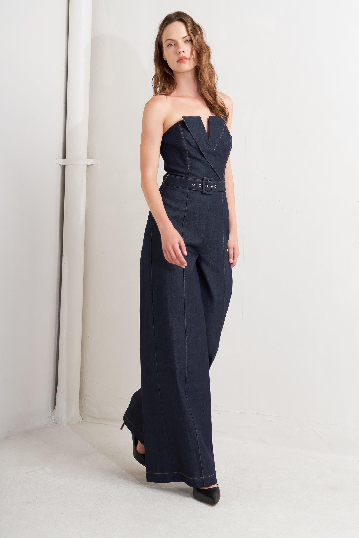 LE BONHEUR V CUT VOW DENIM JUMPSUIT Flying Tomato