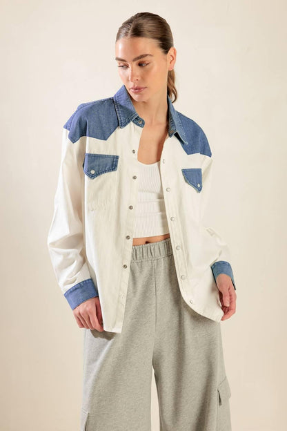 KEEP IT GOING WOVEN AND DENIM SHIRT Flying Tomato