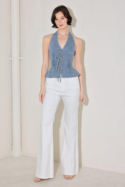 RETRO RISE HALTER DENIM TOP Flying Tomato