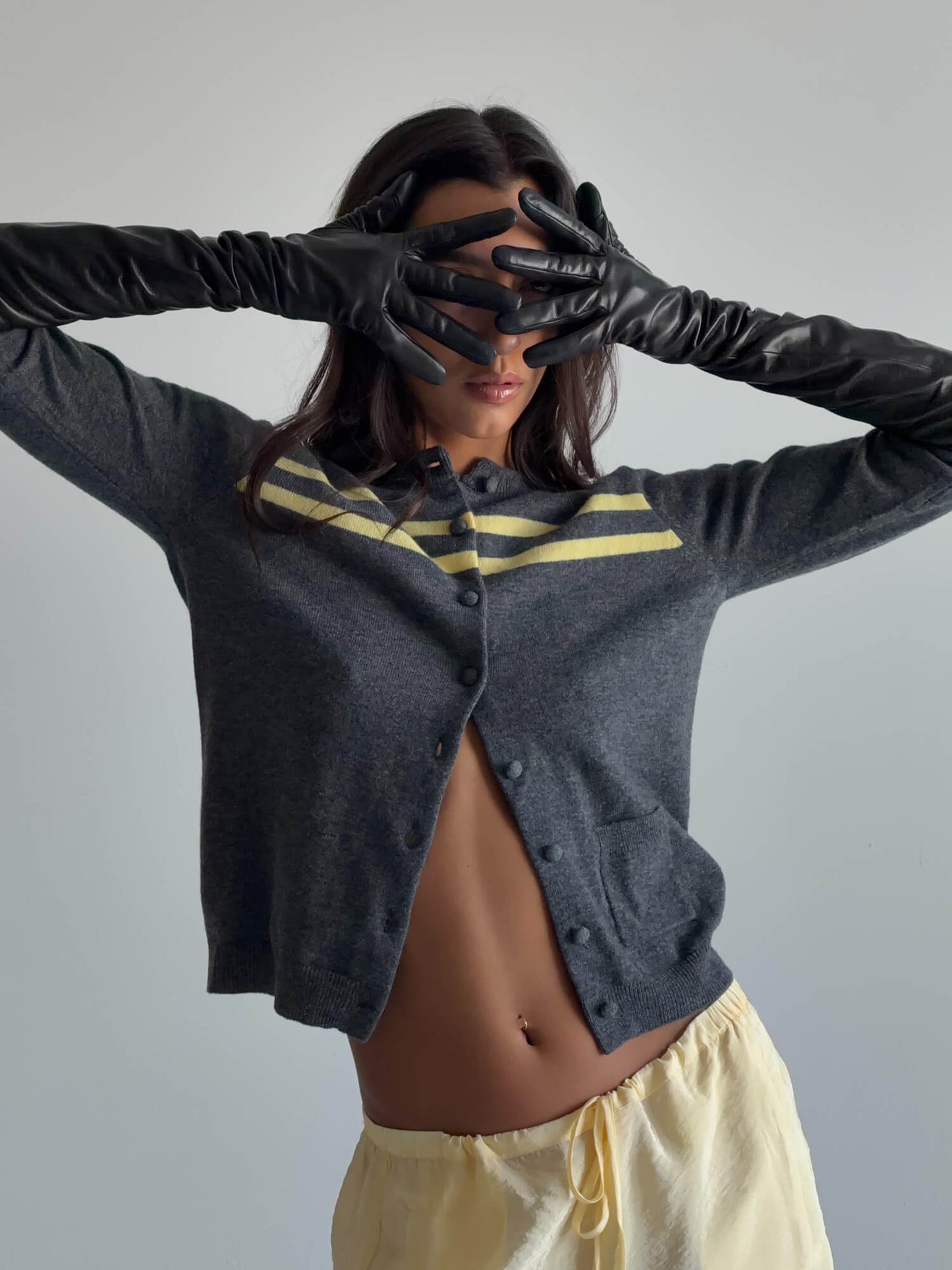 Cashmere Wool Stripe Cardigan in Charcoal/Butter