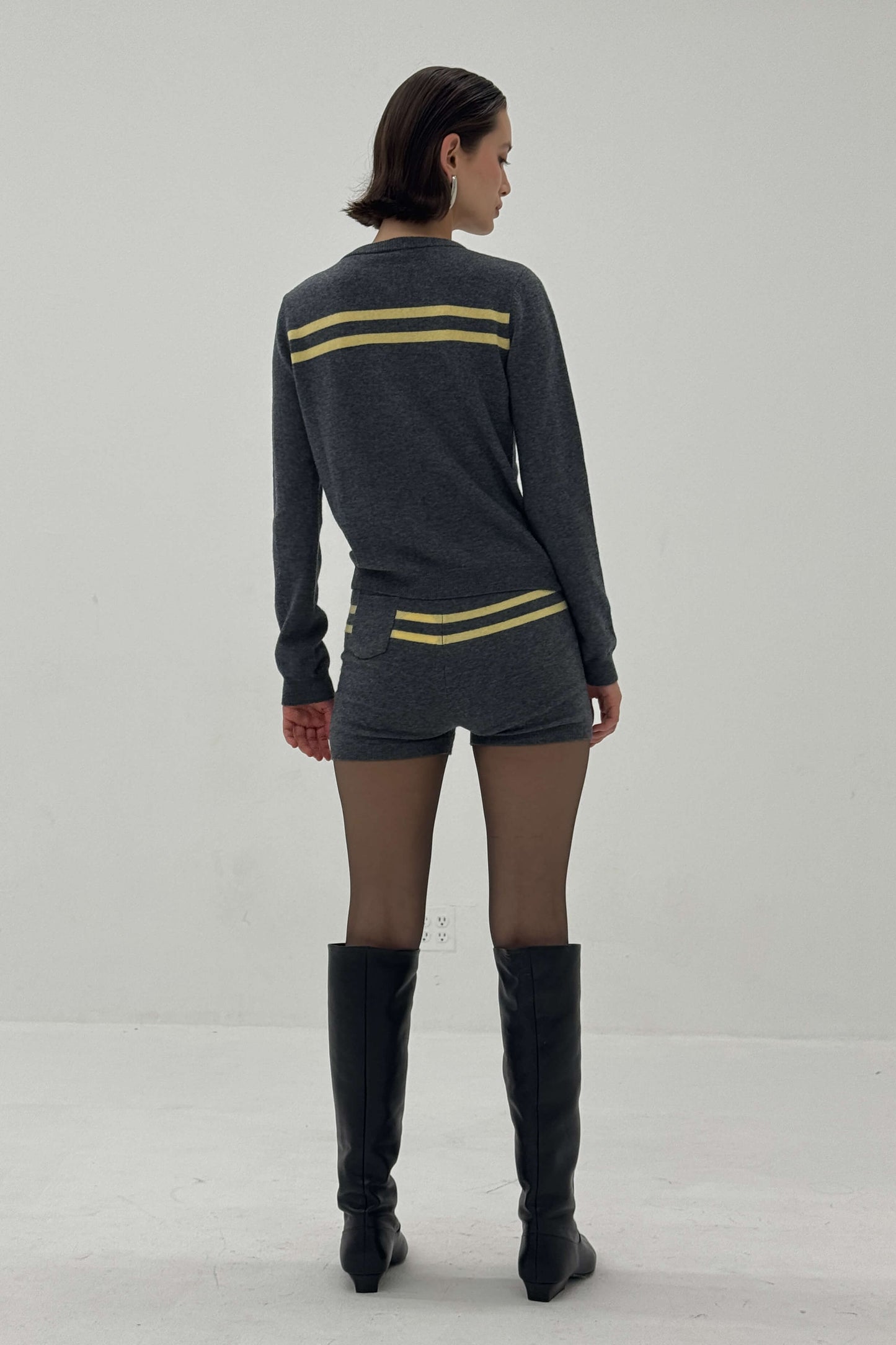 Cashmere Wool Stripe Cardigan in Charcoal/Butter