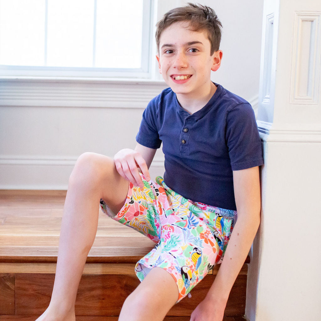 "Jungle Jam" Tropical Birds Drawstring Shorts with Pockets Princess Awesome & Boy Wonder