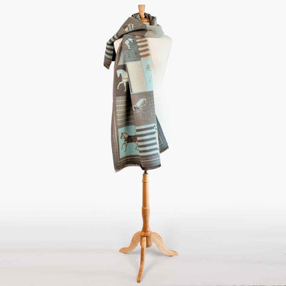 Devon -  Aqua Equestrian Motif Luxe Shawl Urban-Equestrian