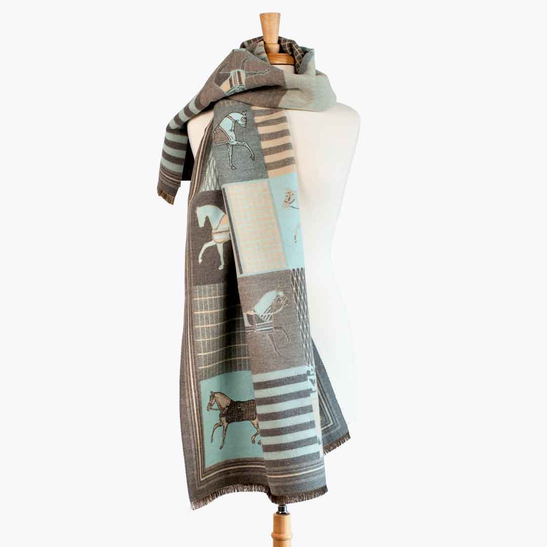 Devon -  Aqua Equestrian Motif Luxe Shawl Urban-Equestrian