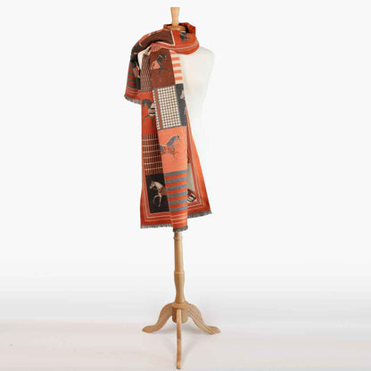 Devon -  Tangerine Equestrian Motif Luxe Shawl Urban-Equestrian