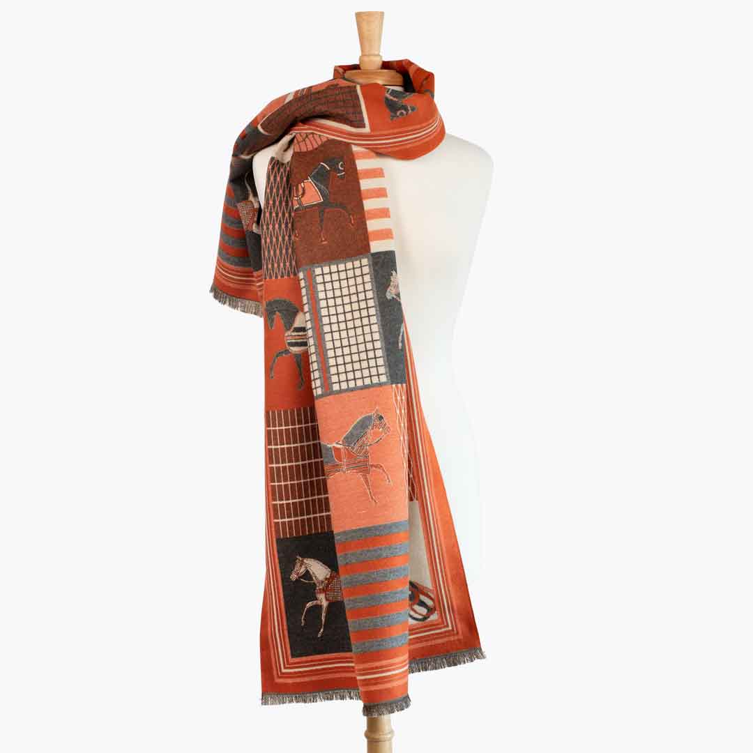 Devon -  Tangerine Equestrian Motif Luxe Shawl Urban-Equestrian