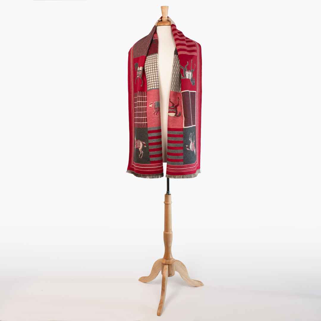 Devon -  Crimson Equestrian Motif Luxe Shawl Urban-Equestrian