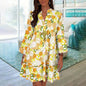Printed V-neck Button Pleated Dress