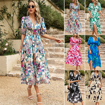 Summer Floral V-Neck Dress by Dukun Design
