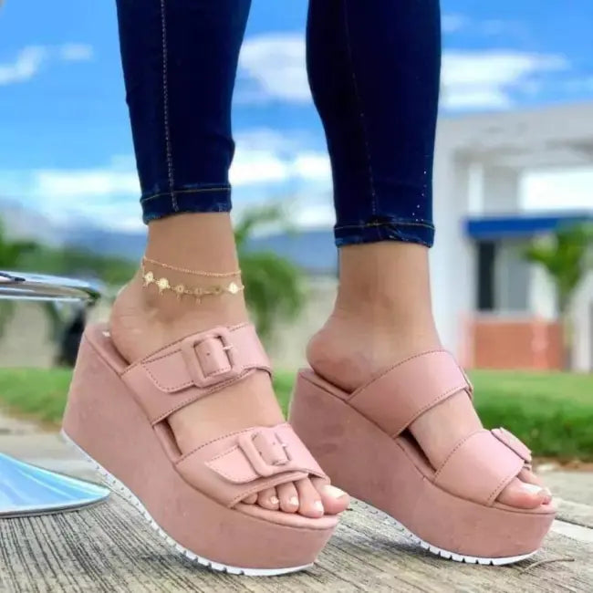 Wedge Heel Platform Slippers with Belt Buckle