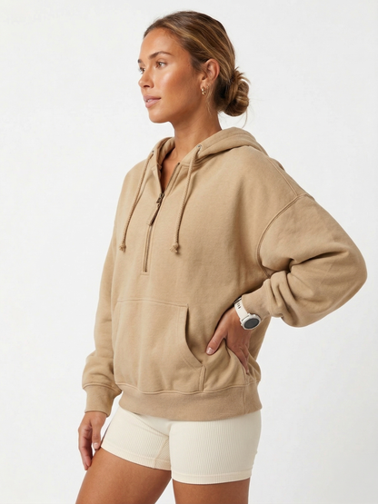 Oversized Khaki Half-Zip Fleece Hoodie | Sport Chic Cotton Blend Tinyloverclothing