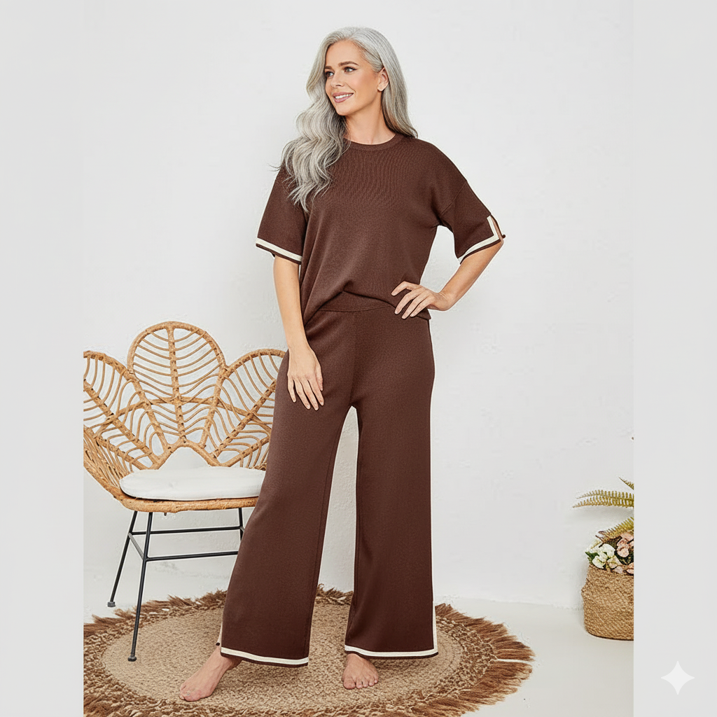 New Knitting Suit Sweater Suit Short Sleeve Pullover Wide Leg Pants Grayceful LLC